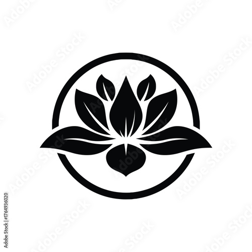 lotus flower in circular frame black and white vector illustration.eps