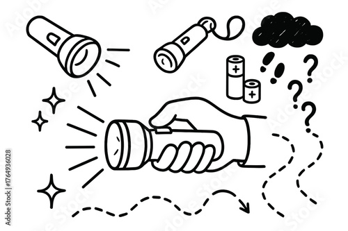 Doodle Flashlight Adventure. Flashlight. Hand-drawn doodle illustration flashlight torch, beam of light, batteries, hand holding, shadow line, keychain,