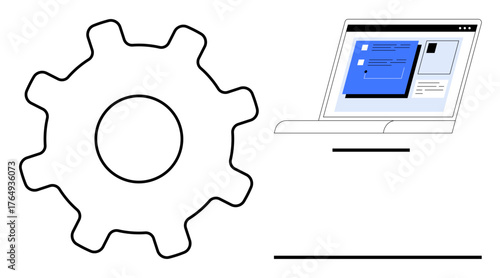 Gear beside laptop displaying dashboard highlights efficient workflows, system optimization, and integration concepts. Ideal for technology, development, innovation, planning, productivity, business