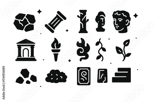 Ancient Ruins Icons. Ancient Ruins Path. Solid icons set of Ancient Ruins Path: cracked stones, fallen column, ivy, statue head, temple arch, torch flame,