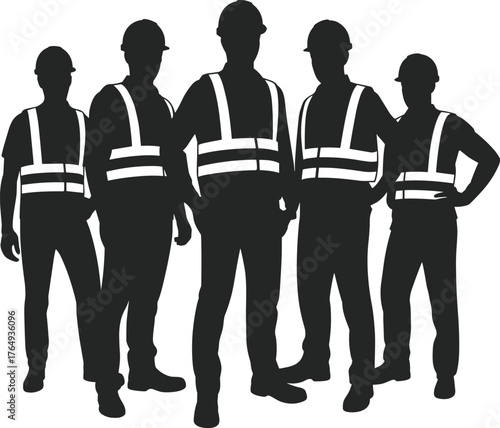 Construction workers silhouette, safety helmets, reflective vests, teamwork, industrial crew, occupational safety, infrastructure labor, job site, engineering team, workwear visibility