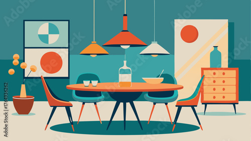 A chic dining space with a mix of Scandinavian and retro elements such as a midcentury modern dining table and a modern pendant light with a retroinspired shape.
