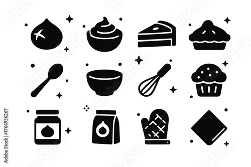 Chestnut Baking Icons. Chestnut Food and Baking. Solid icons set of Chestnut Food and Baking: roasted nut, chestnut puree, cake slice, pie, spoon, mixing bowl,