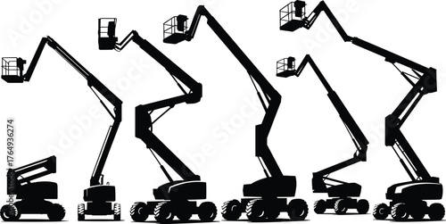 Boom lift silhouette, aerial work platform, construction equipment, industrial access, elevated machinery, cherry picker, maintenance lift, articulated arm, height reach, mechanical structure
