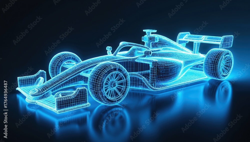 Naklejka premium Blue glowing wireframe race car design digitally rendered. Tech blueprint shows futuristic vehicle model, reflecting on dark surface. Automotive engineering, digital drawing, cyber concept, car
