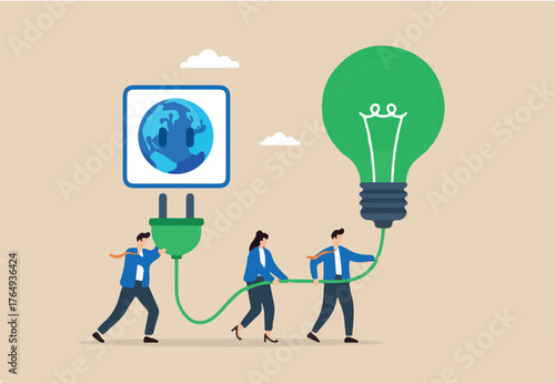 Flat illustration of employees plugging green ESG bulb into global socket representing clean energy collaboration