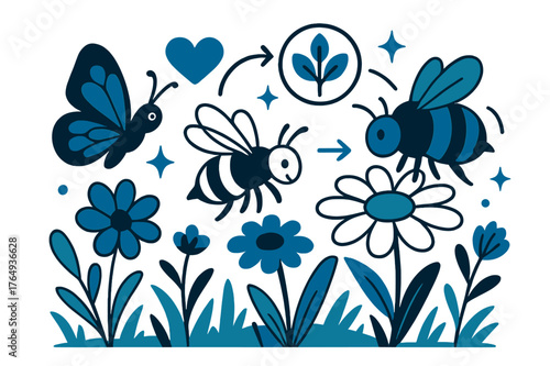 Pollinators Enhance Biodiversity. Ecology. Pollinator insects visiting flowers in meadow with abstract floating icons, arrows, and sparkles; emphasizes
