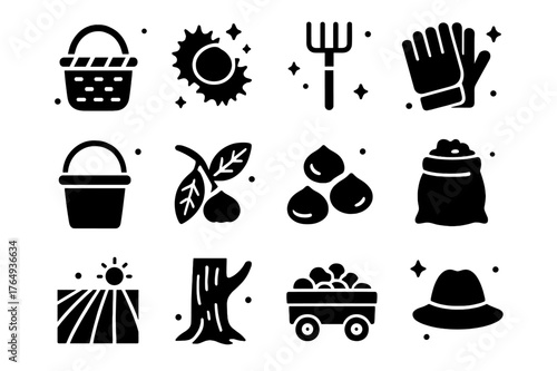 Chestnut Harvest Icons. Chestnut Harvest. Solid icons set of Chestnut Harvest: basket, chestnut burr, rake, gloves, bucket, branch, nuts pile, burlap sack,
