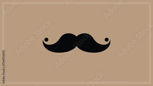 A graphic illustration of a black mustache with curled ends on a tan background with a border