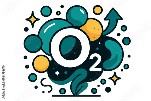 Oxygen Molecular Dynamics. Oxygen. Molecular oxygen symbol (O2) floating with abstract bubbles and sparkles; emphasizes chemical element, life-support, and air