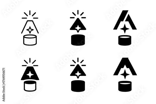 Logo Variations Showcase. New arrivals display. Set Logo of New arrivals display: pedestal stand with spotlight and starburst. Icon set. harmonious logo