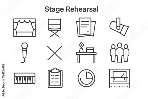 Stage Rehearsal Icons. Stage Rehearsal. Line icon set of Stage Rehearsal: open stage, director chair, script pages, spotlight, microphone, floor tape marks,