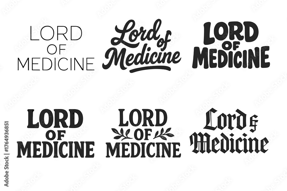 Fototapeta premium Medicine Lettering Variations. Lord of Medicine. Set lettering. harmonious lettering variations of the same emblematic concept (Modern minimal monoline