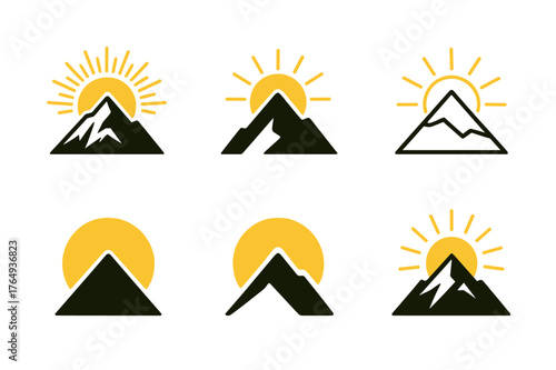 Sunrise Mountain Logos. Stream of motivation. Set Logo of Stream of motivation: a rising sun behind a mountain summit. harmonious logo variations of the same