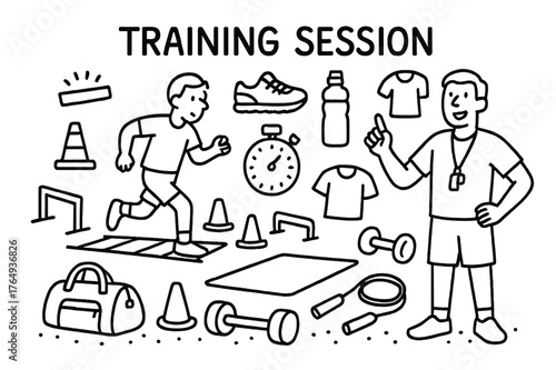 Training Session Doodle. Training Session. Hand-drawn doodle illustration Training Session person running through agility ladder, cones, sneakers, stopwatch,