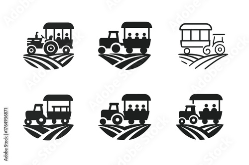Rural Travel Logos. Rural travel and agritourism. Set Logo of Rural travel and agritourism: a tractor pulling a visitor wagon along a field lane. harmonious