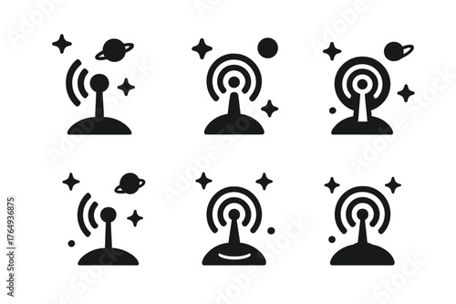 Intergalactic Logo Variations. Intergalactic travel. Set Logo of Intergalactic travel: quantum beacon transmitting across galaxies. Icon set. harmonious logo