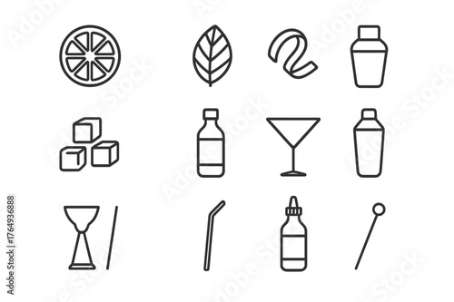 Cocktail Icon Set. Cocktail ingredients. Line icon set of cocktail ingredients: lime slice, mint leaf, citrus twist, sugar cube, ice cubes, syrup bottle,
