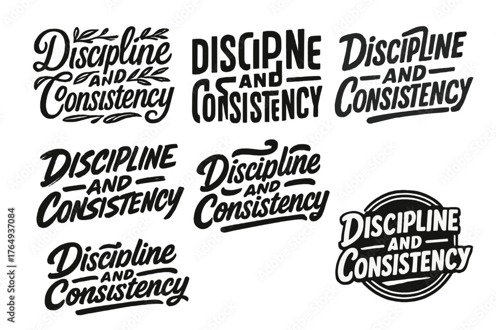 Fototapeta premium Creative Lettering Variations. Discipline and Consistency. Set lettering. harmonious lettering variations of the same emblematic concept, each with different