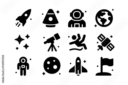 Suborbital Icons Set. Suborbital Flight. Solid icons set of Suborbital Flight: rocket, space capsule, astronaut, Earth, stars, telescope, zero gravity icon,
