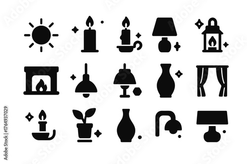 Natural Light Icons. Natural Light & Candle. Solid icons set of Natural Light & Candle: sunlight, candle, candle holder, lamp, fireplace, hanging light, table