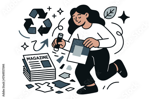 Creative Magazine Art. Upcycling and creative reuse of materials. Person creating art from old magazines and paper scraps with abstract floating icons, arrows,