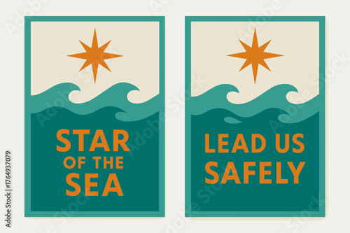 Guiding Star Banners. Star of the Sea. Two vertical A6 banners with safe margins, centered composition, no elements touching edges, modern, turquoise and