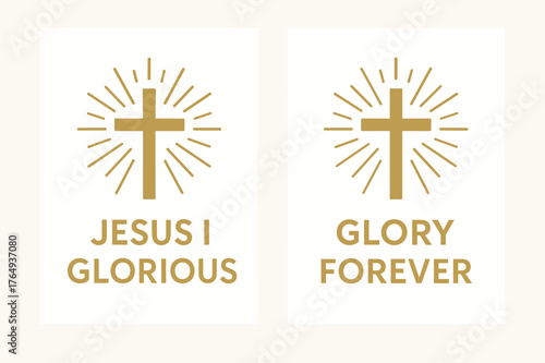 Radiant Cross Banners. Glory of Christ. Two vertical A6 banners with safe margins, centered composition, no elements touching edges, flat vector design, white
