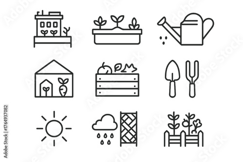 Urban Agriculture Icons. Urban agriculture. Line icon set of urban agriculture: rooftop garden, planter box, vegetable plant, watering can, greenhouse, compost
