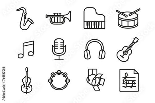 Jazz Icon Collection. Jazz music. Line icon set of jazz music: saxophone, trumpet, piano, drum, music notes, microphone, headphones, guitar, double bass,