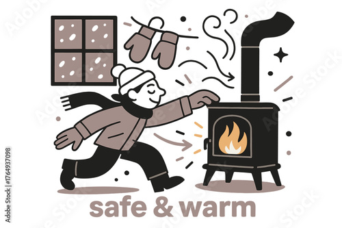 Cozy Winter Retreat. Keeper of the Hearth ? Winter Shelter. Snow taps the window while the stove glows; mittens dry on a simple line. Caption ?safe & warm?.