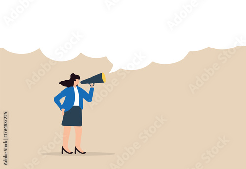 Flat illustration of businesswoman speak out on megaphone with large speech bubble symbolizing female leadership and announcement