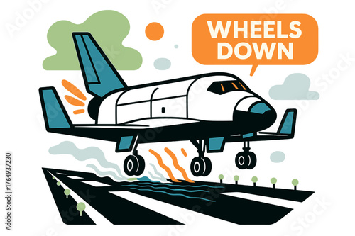 Spaceplane Touchdown. Reusable Spaceplane Landing. Gear drops, airbrakes bloom; runway lights march forward in crisp perspective. A glowing ?Wheels Down? label