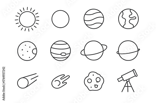 Solar System Icons. Solar system view. Line icon set of solar system view: sun, mercury, venus, earth, mars, jupiter, saturn, uranus, neptune, comet, asteroid,