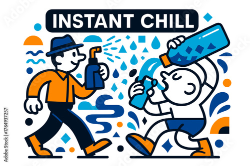 Instant Chill Fusion. Mister + Cold Water Combo. Spritz from a sidewalk mister meets a gulp from a bottle; ?Instant Chill? glows in tidy caps. Heat haze breaks