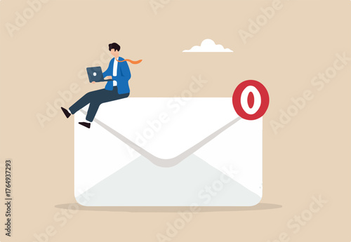 Flat illustration of businessman working with laptop on email envelope zero notification badge inbox management efficiency digital productivity and categorize information