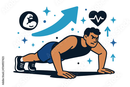 Dynamic Exercise Inspiration. Workout motivation. Individual doing push-ups with abstract floating arrows, icons, and sparkles; conveys strength,