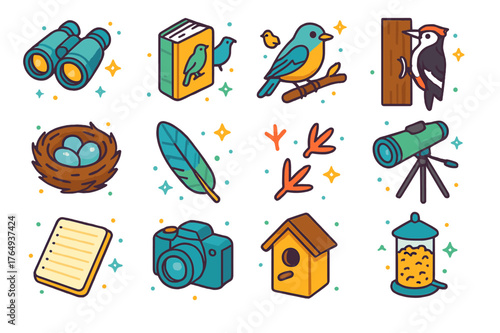 Isometric Birdwatching Icons. Birdwatching in the forest. Colorful isometric vector icons set of Birdwatching in the forest: binoculars, pocket field guide,