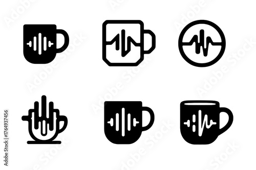 Virtual Coworking Logos. Virtual coworking cafes. Set Logo of Virtual coworking cafes: ambient lo-fi music waveform with mug. harmonious logo variations of the