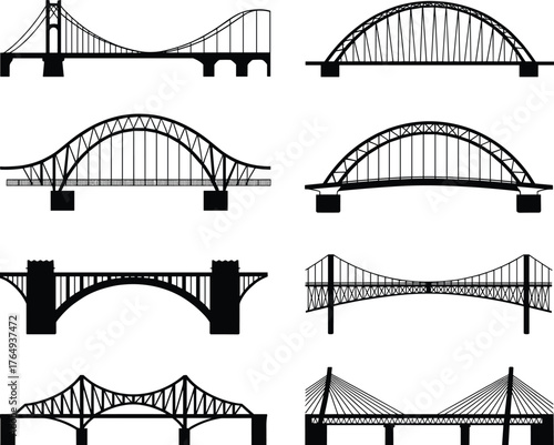 Bridge silhouettes, suspension bridge, arch bridge, truss bridge, cable-stayed bridge, engineering design, civil structure, black vector, infrastructure, isolated set