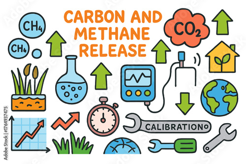 Carbon and Methane Doodles. Carbon and methane release. Colorful Hand-drawn doodle Children illustration Carbon and methane release methane bubbles, CO2 cloud,