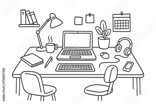 Home Office Essentials. Home Office Setup. Hand-drawn doodle illustration Home Office Setup desk, laptop, chair, lamp, notebook, pen, coffee cup, headphones,