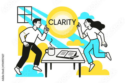 Clarity and Focus. Focus and Energy. Rays stream through a window onto a desk with coffee and notebook; the word ?Clarity? floats in thin type above a glowing