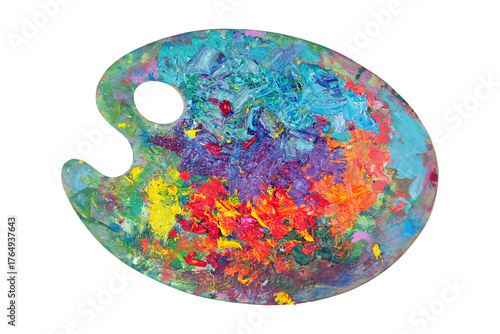 colorful artist palette isolated on transparent background. palette with oil art paints