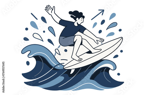 Dynamic Surfing Motion. Surfing on the waves. Surfer jumping off wave crest with abstract floating water droplets and motion lines; emphasizes thrill, agility,