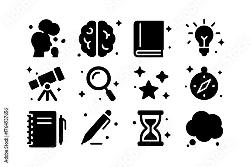 Personal Growth Icons. Personal Growth. Solid icons set of Personal Growth: person thinking, brain, book, light bulb, telescope, magnifying glass, notebook,