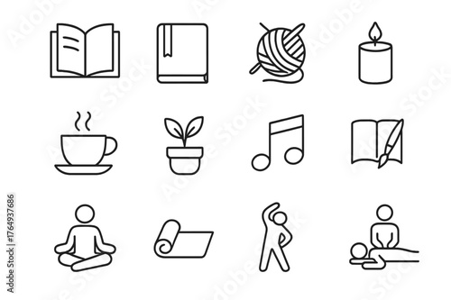 Relaxing Hobbies Icons. Relaxing hobbies. Line icon set of relaxing hobbies: reading, journal, knitting, candle, tea cup, plant, music, sketchbook, meditation