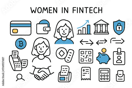 Women in Fintech Doodles. // Women in fintech. Hand-drawn doodle illustration Women in fintech [credit card (accented), mobile wallet (accented), crypto coin,