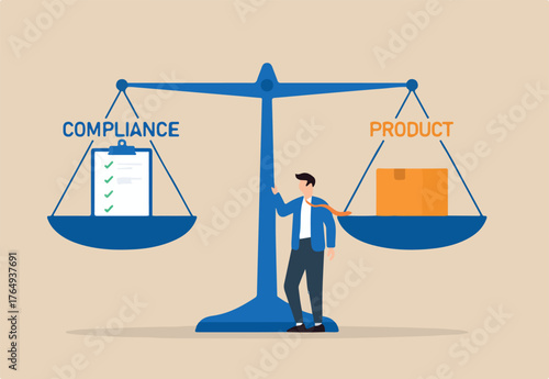 Flat illustration of quality control manager weighing compliance checklist against product symbol on balance scale