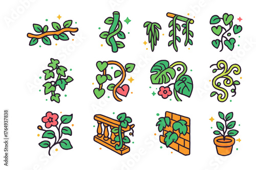 Vibrant Vine Icons. Nature vines. Colorful isometric vector icons set of nature vines: creeping vine, climbing vine, hanging vine, garden vine, ivy vine,